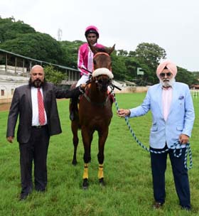 Mind Games (Faiz up), winner of the KODLIPET PLATE being led in trainer Pratap Kamath M on Wednesday races at Mysore.